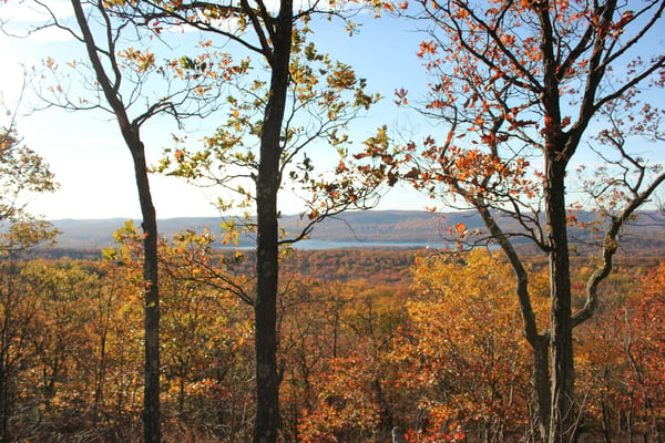 Autumn foliage on a Ramapo Valley ridge trail with a lake view through the trees, New Jersey