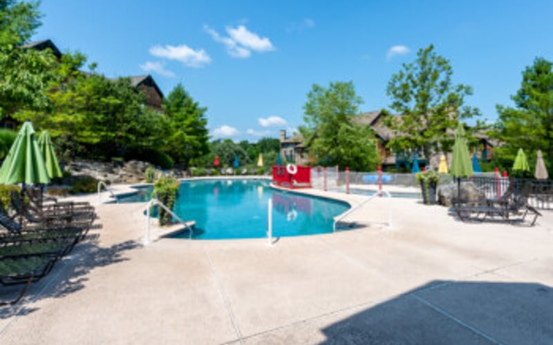 Resort swimming pool with lounge chairs, umbrellas, and surrounding trees under blue sky
