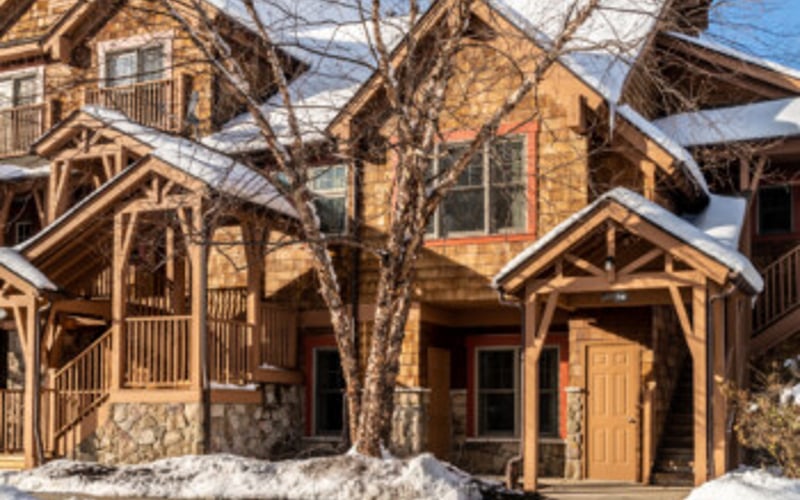 Rustic wooden and stone house exterior with snow on ground and bare tree in front