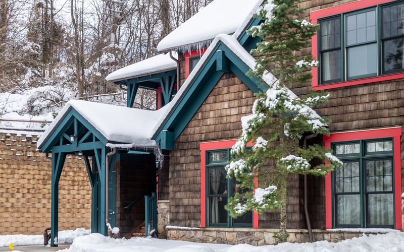 Snow-covered Condos at the Creek community in winter