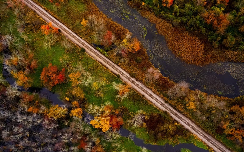 Aerial view of Condos at the Creek and surrounding forested landscape