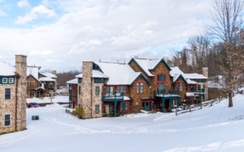 Large brick and stone residential buildings with snow-covered grounds and bare trees in winter landscape